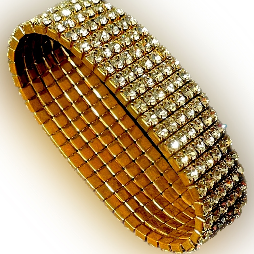 Vintage Clear Rhinestone 5-Row Stretch Copper Tone Metal Bracelet